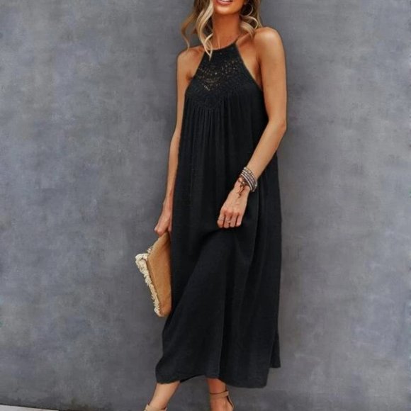 BLACK Lace detailed Swiss Dot Halter Dress pockets - Picture 2 of 6